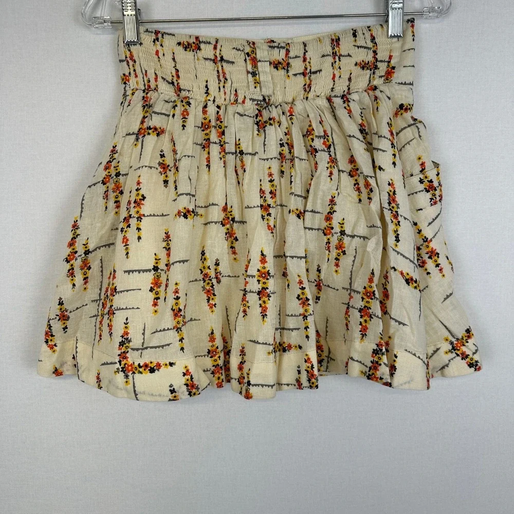 Free‎ People Floral Linen Cotton Button Front Mini Skirt Ivory Women's Size S